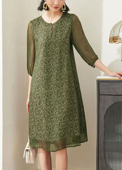 Green O-neck Print Chiffon a Line Dress Half Sleeve
