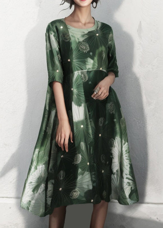 Green O Neck Print Cotton Dress Half Sleeve
