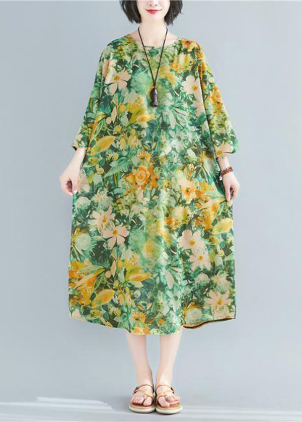Green O-neck Print Linen Robe Dresses Bracelet Sleeve