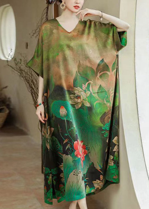 Green O Neck Print Silk Long Dresses Summer