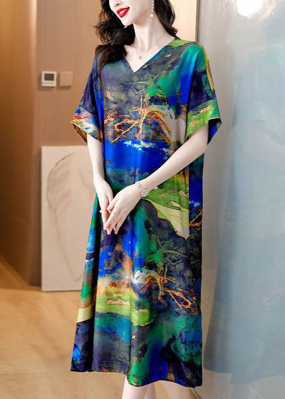 Green O Neck Print Silk Long Dresses Summer