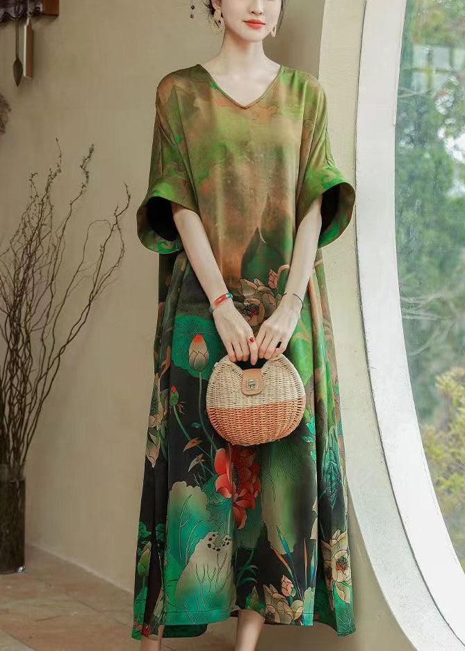 Green O Neck Print Silk Long Dresses Summer