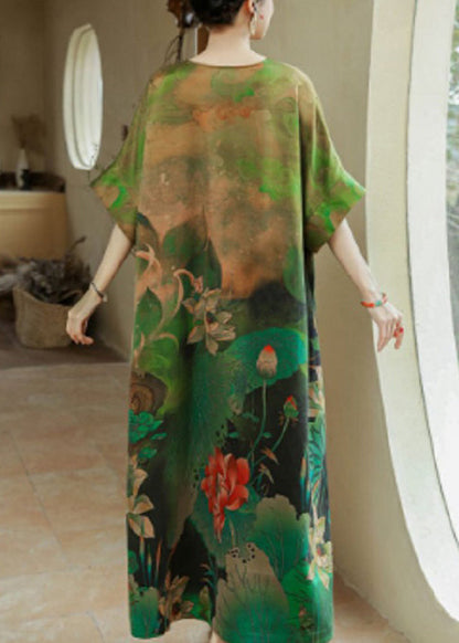 Green O Neck Print Silk Long Dresses Summer