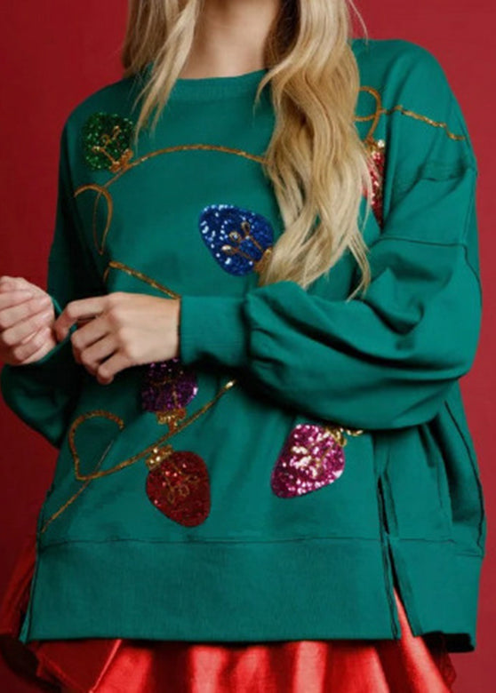 Green O-neck Sequins Patchwork Loose Sweatshirts Fall