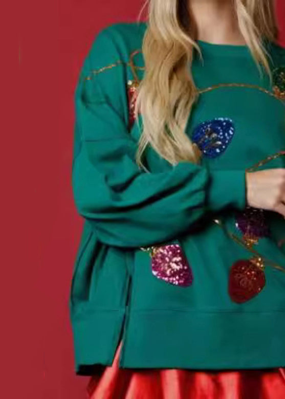 Green O-neck Sequins Patchwork Loose Sweatshirts Fall