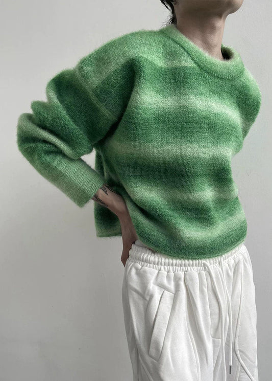 Green O-neck Striped Warm Knit Sweater Tops Winter