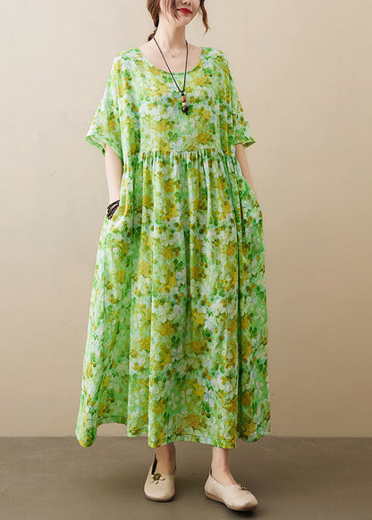 Green O-neck Wrinkled Patchwork Cotton Long Dress Short Sleeve