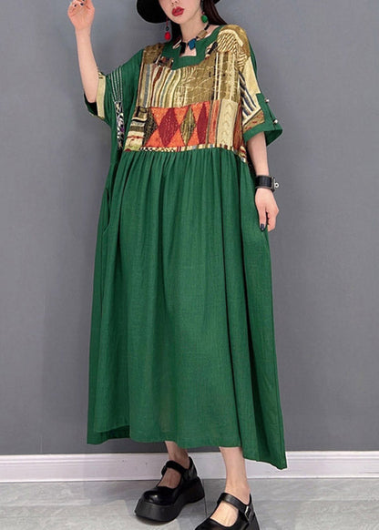 Green O-neck Wrinkled Patchwork Long Dress Half Sleeve