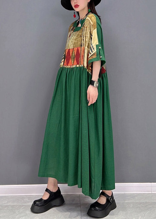 Green O-neck Wrinkled Patchwork Long Dress Half Sleeve