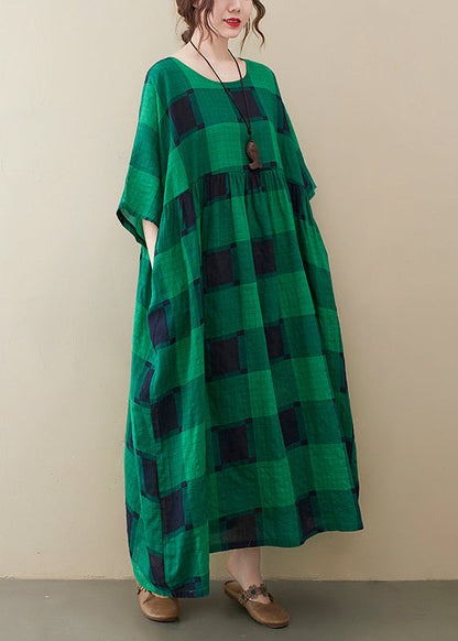 Green Plaid O-neck Pockets Wrinkled Long Dresses Half Sleeve