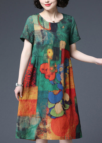 Green Print Wrinkled Cotton Dresses Short Sleeve