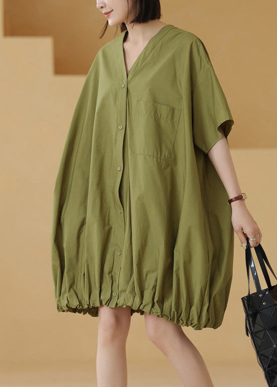 Green Button Cotton Shirts Mid Dress Short Sleeve
