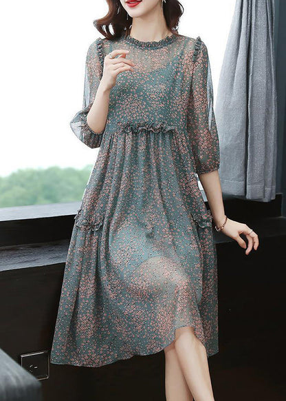 Green Stand Collar Ruffled Print Draping Chiffon Dress Bracelet Sleeve
