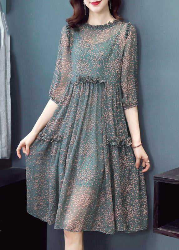 Green Stand Collar Ruffled Print Draping Chiffon Dress Bracelet Sleeve