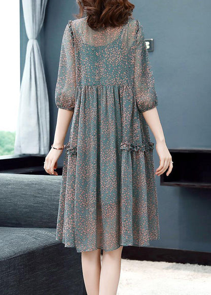 Green Stand Collar Ruffled Print Draping Chiffon Dress Bracelet Sleeve