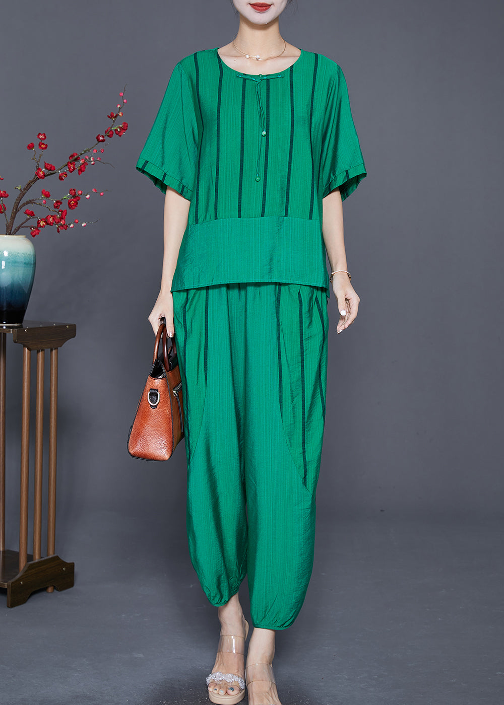 Green Striped Patchwork Linen Two Piece Set Outfits Summer