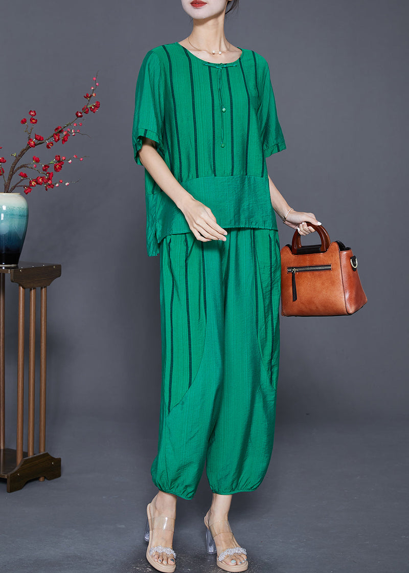 Green Striped Patchwork Linen Two Piece Set Outfits Summer