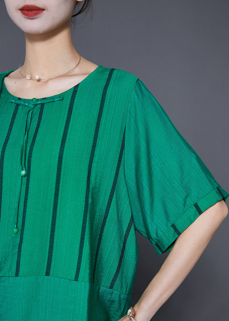 Green Striped Patchwork Linen Two Piece Set Outfits Summer