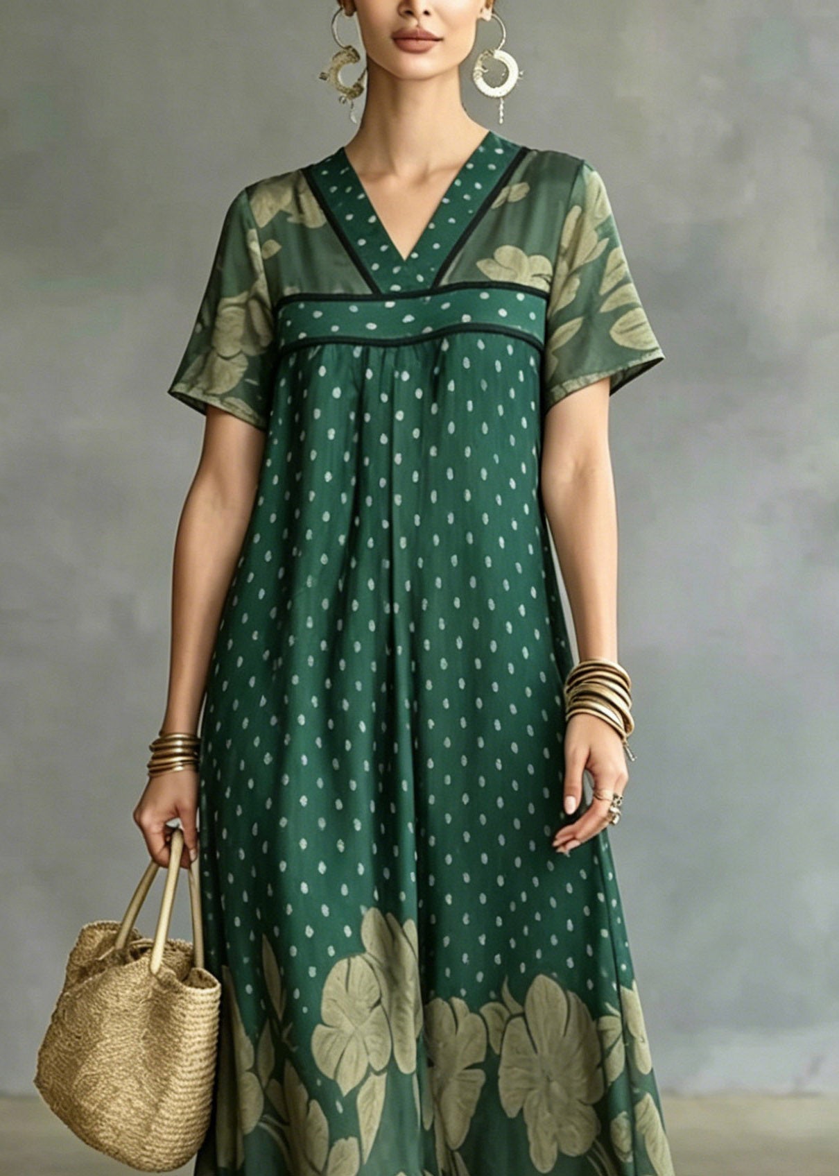 Green V Neck Patchwork Ice Silk Long Dress Short Sleeve