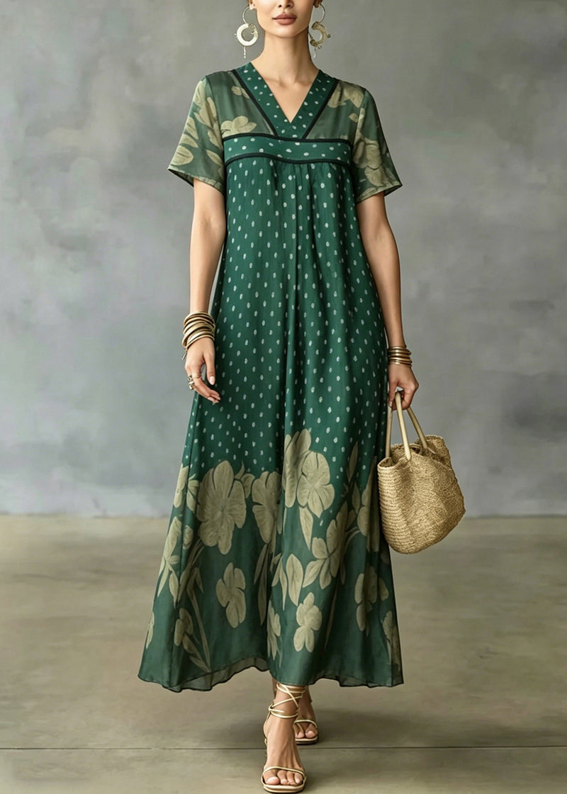 Green V Neck Patchwork Ice Silk Long Dress Short Sleeve