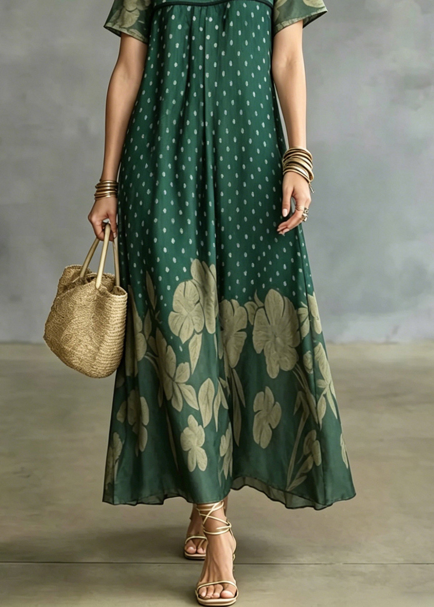 Green V Neck Patchwork Ice Silk Long Dress Short Sleeve
