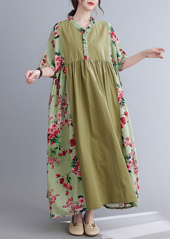 Green V Neck Patchwork Wrinkled Print Long Dresses Short Sleeve