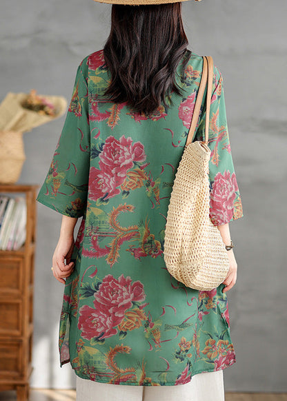 Green V Neck Print Cotton Mid Dress Summer