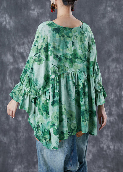 Green V Neck Print Linen Shirts Batwing Sleeve