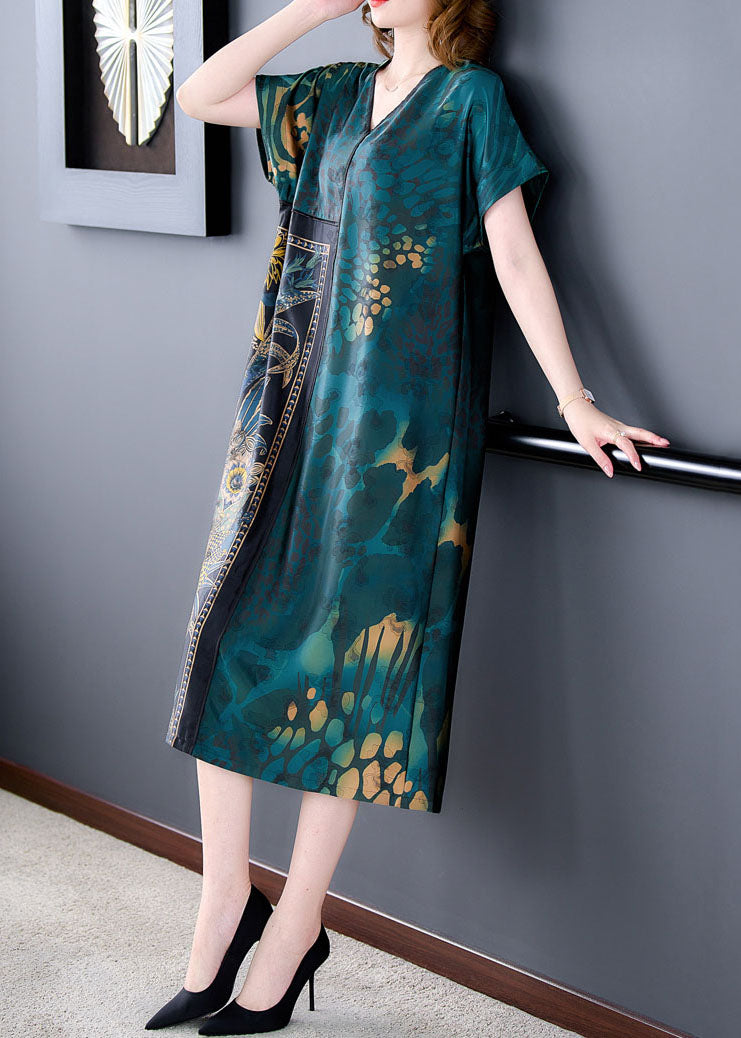 Green V Neck Print Patchwork Silk Dress Summer