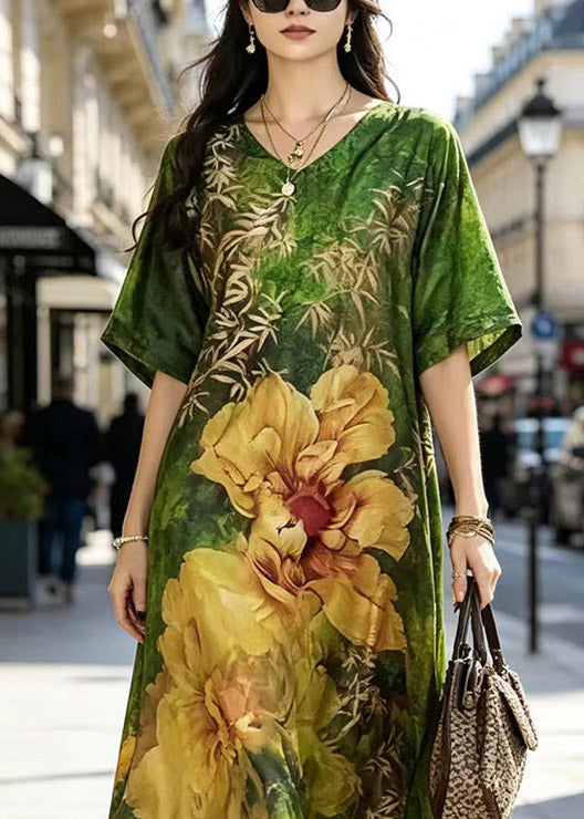 Green V Neck Print Silk Maxi Dress Short Sleeve