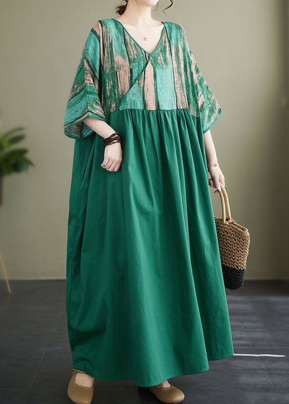 Green V Neck Print Wrinkled Patchwork Cotton Long Dress Summer