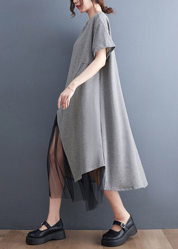 Grey Asymmetrical Tulle Patchwork Maxi Dress Summer