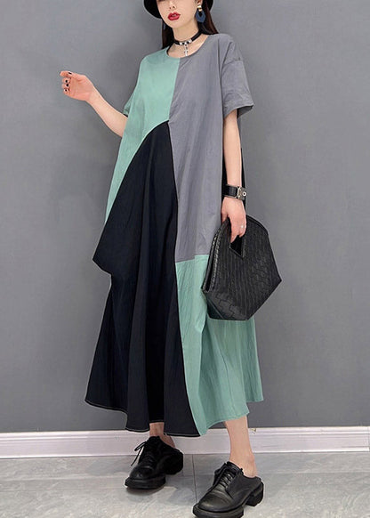 Grey Blue Patchwork O-neck Long Dresses Short Sleeve