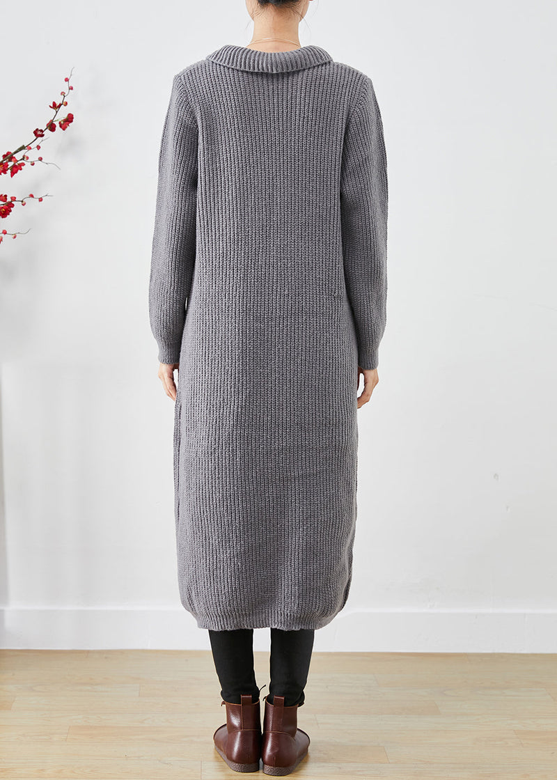 Grey Button Down Pockets Knit Long Coats Fall