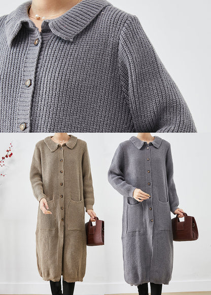Grey Button Down Pockets Knit Long Coats Fall