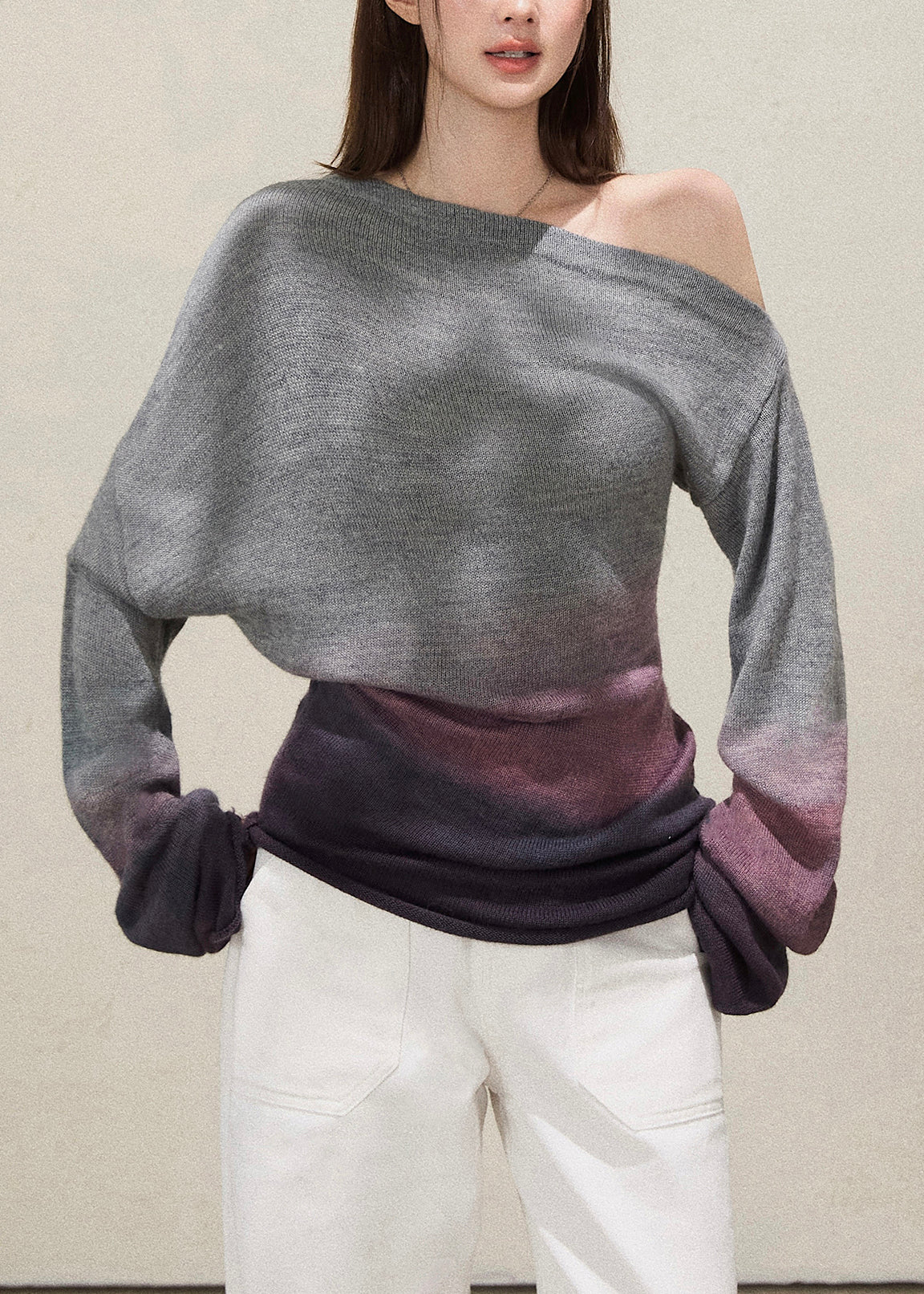 Grey Cold Shoulder Tie Dye Knitted Tops Fall