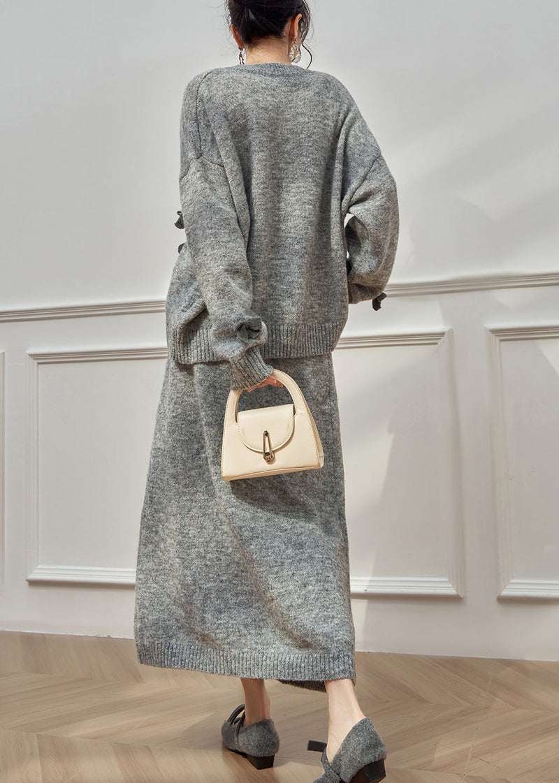 Grey O Neck Bow Button Knit Two-piece Set Winter