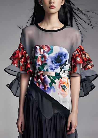 Grey O-neck Print Organza Patchwork Chiffon Dresses Butterfly Sleeve