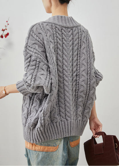 Grey Oversized Thick Cable Knit Sweater Tops Winter