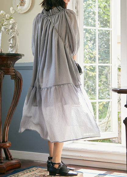 Grey Purple Ruffled Lace Up Patchwork Cotton Dress Summer