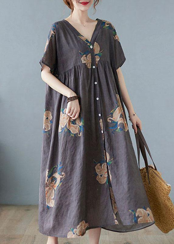 Red Flower Retro Button Summer Print Half Sleeve Maxi Dress