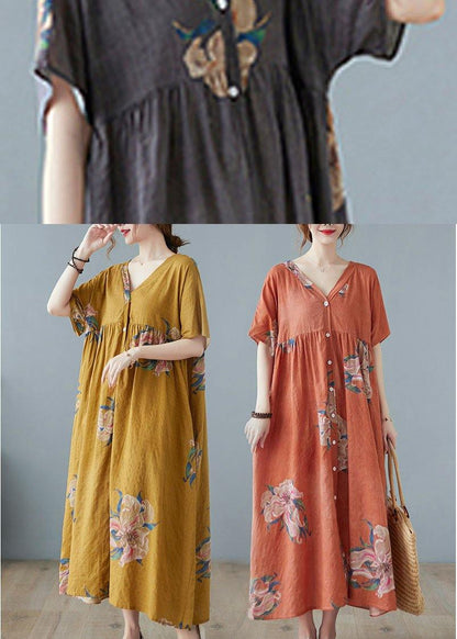 Red Flower Retro Button Summer Print Half Sleeve Maxi Dress