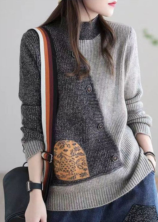 Grey Stand Collar Patchwork Button Knit Sweaters Winter