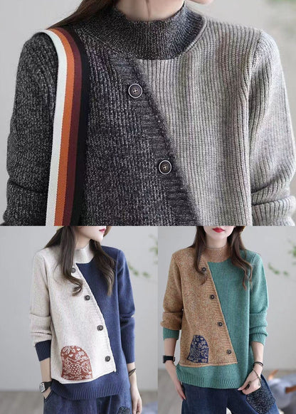 Grey Stand Collar Patchwork Button Knit Sweaters Winter