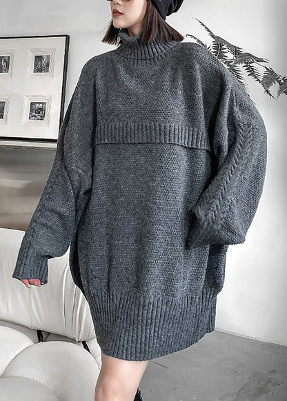 Grey Turtleneck Cozy Chunky Oversized Knitted Cotton Sweater Winter