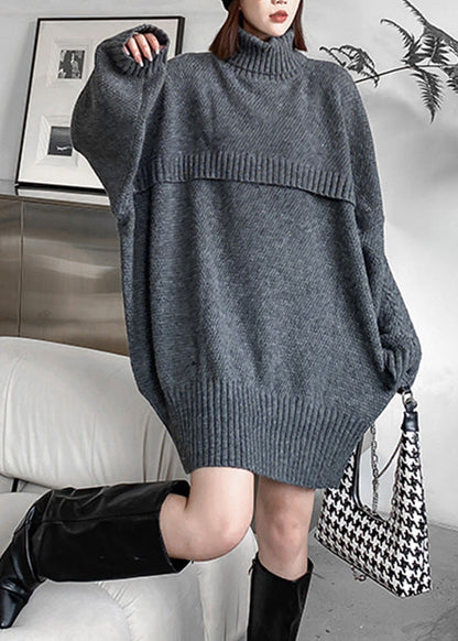 Grey Turtleneck Cozy Chunky Oversized Knitted Cotton Sweater Winter