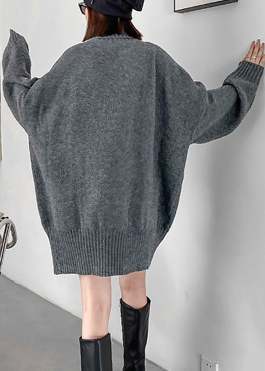 Grey Turtleneck Cozy Chunky Oversized Knitted Cotton Sweater Winter