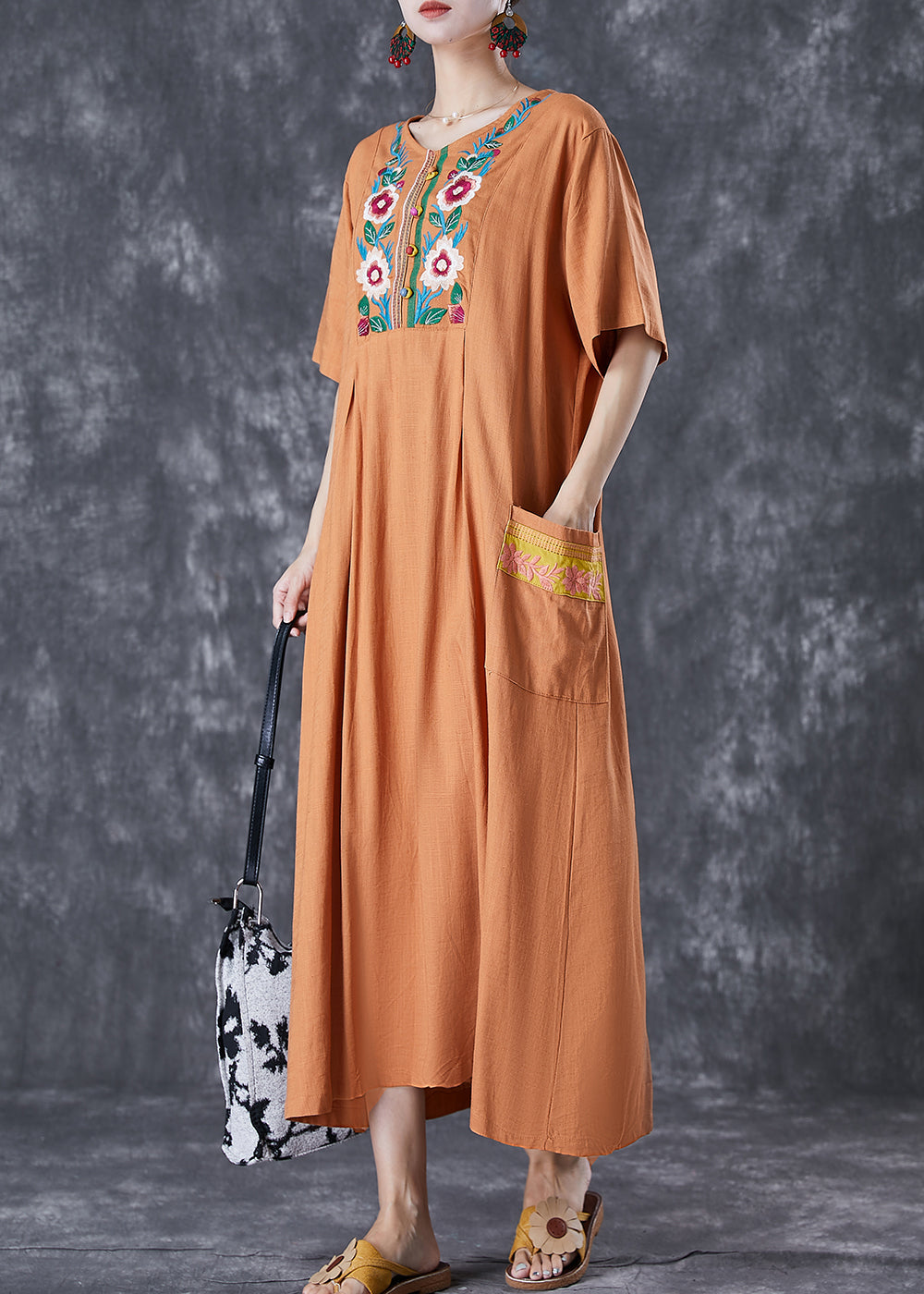 Khaki Embroidered Linen Maxi Dress Summer