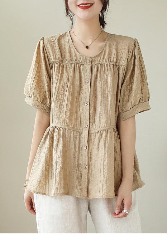 Khaki O-neck Patchwork Wrinkled Cotton Shirt Summer