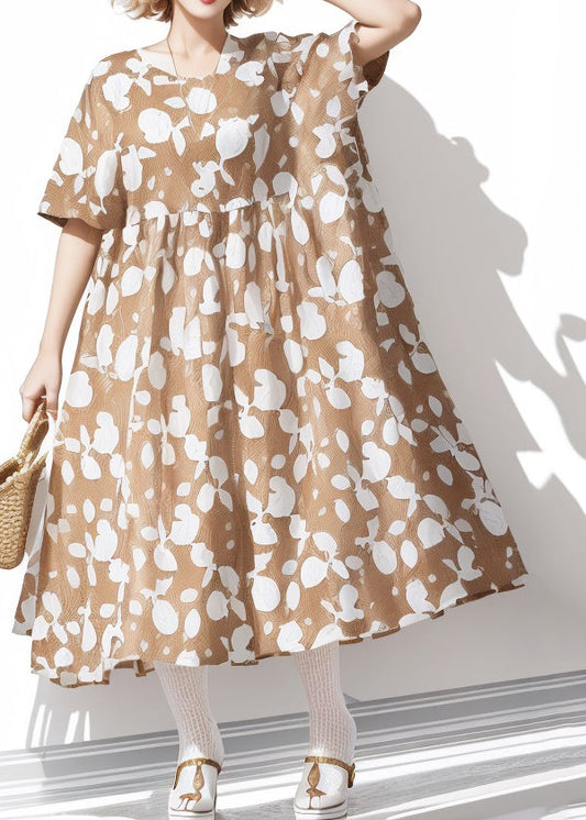 Khaki O Neck Print Cotton Dresses Summer